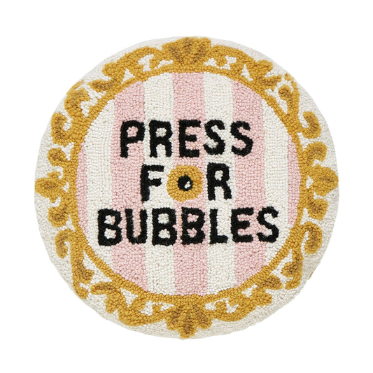 Press for Bubbles Wool Hooked Throw Pillow | 16” Round Champagne-Inspired Accent Pillow