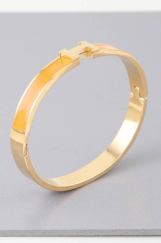 Orange Enamel “H” Gold Hinged Bangle Bracelet W/ Box