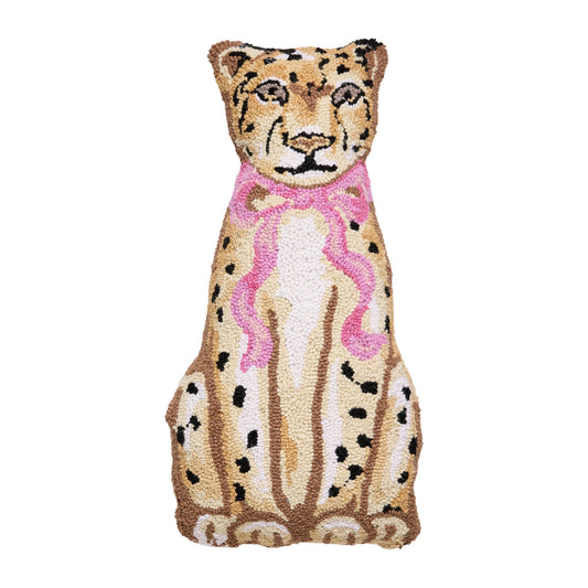 Leopard with Pink Bow Wool Hooked Throw Pillow | 11” x 22” Animal Accent Pillow