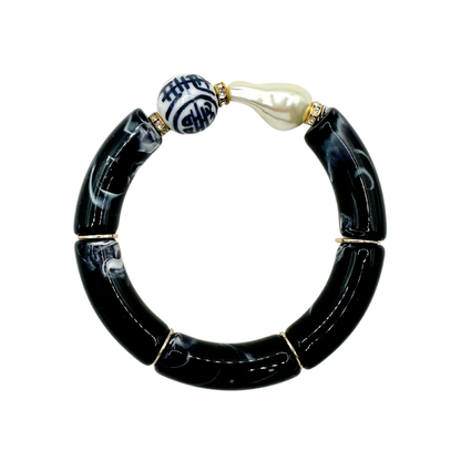 Blue Bamboo Acrylic Tube Bracelet | Navy Nugget Accent Stretch Bracelet