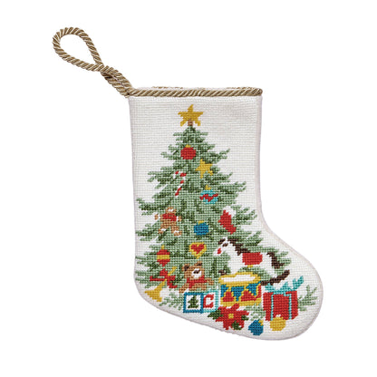 Christmas Tree Embroidered Mini Stocking | Needlepoint Style Holiday Decor | 6" x 4.25"