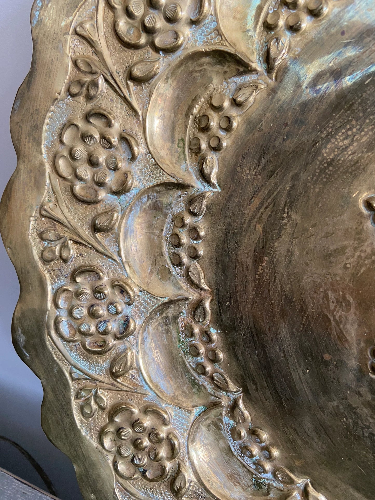 Mid-Century Scalloped Brass Repousse Tray