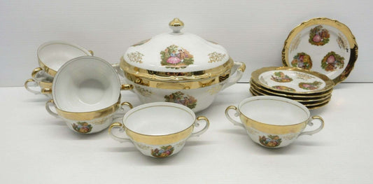 Italy Fine Porcelain Tureen soup set, 22k gold trim