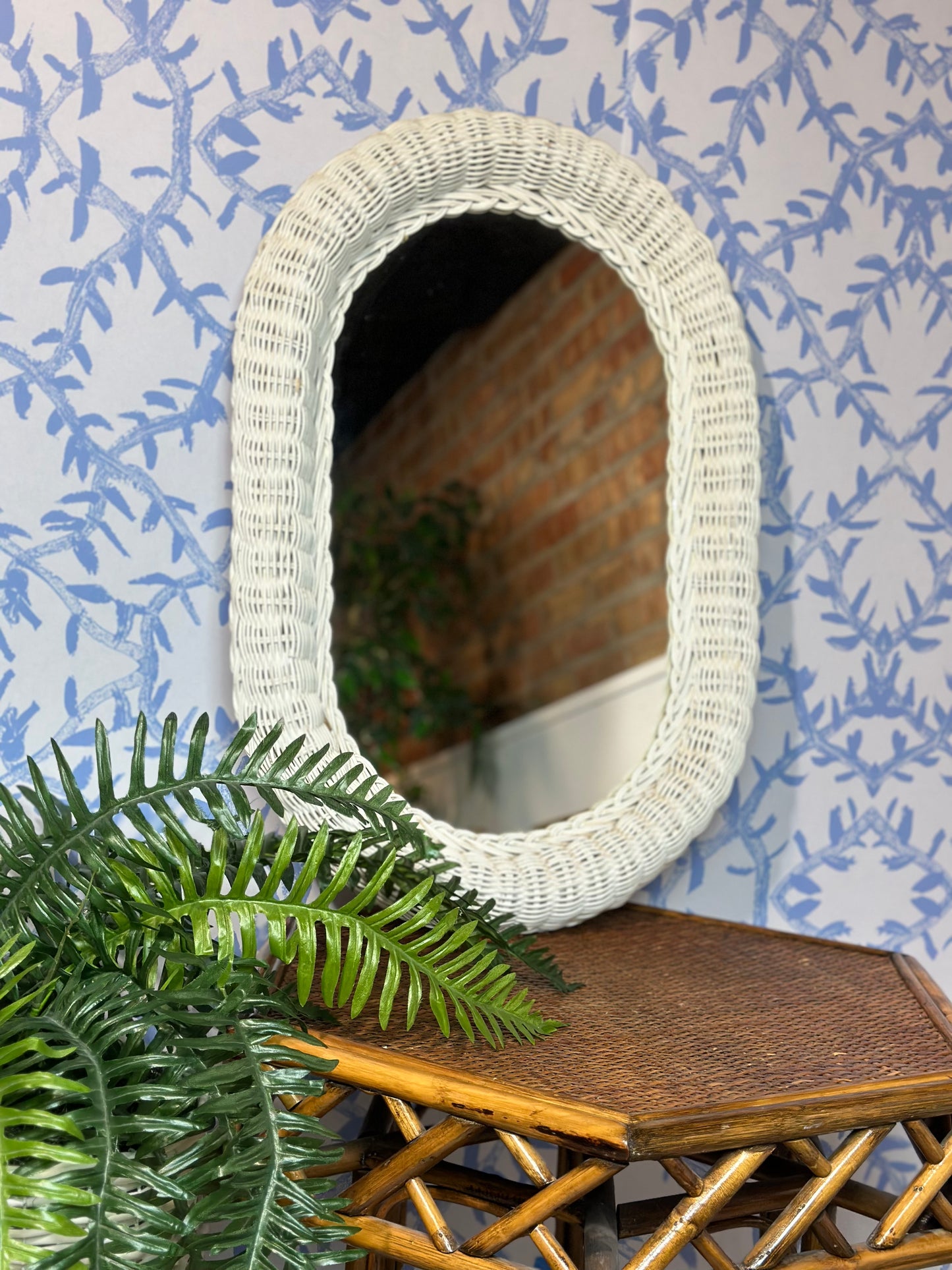 Vintage White Woven Rattan Oval Mirror, 28x19" - Excellent!