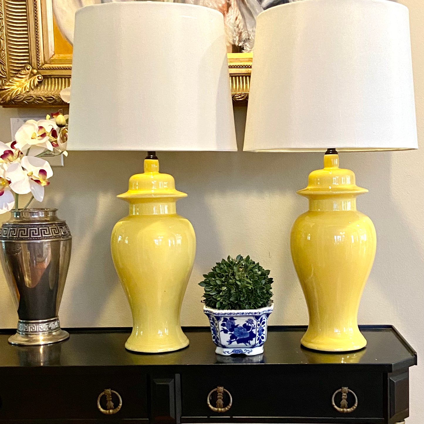Pair of Vintage porcelain Palm Beach Regency ginger jar lamps