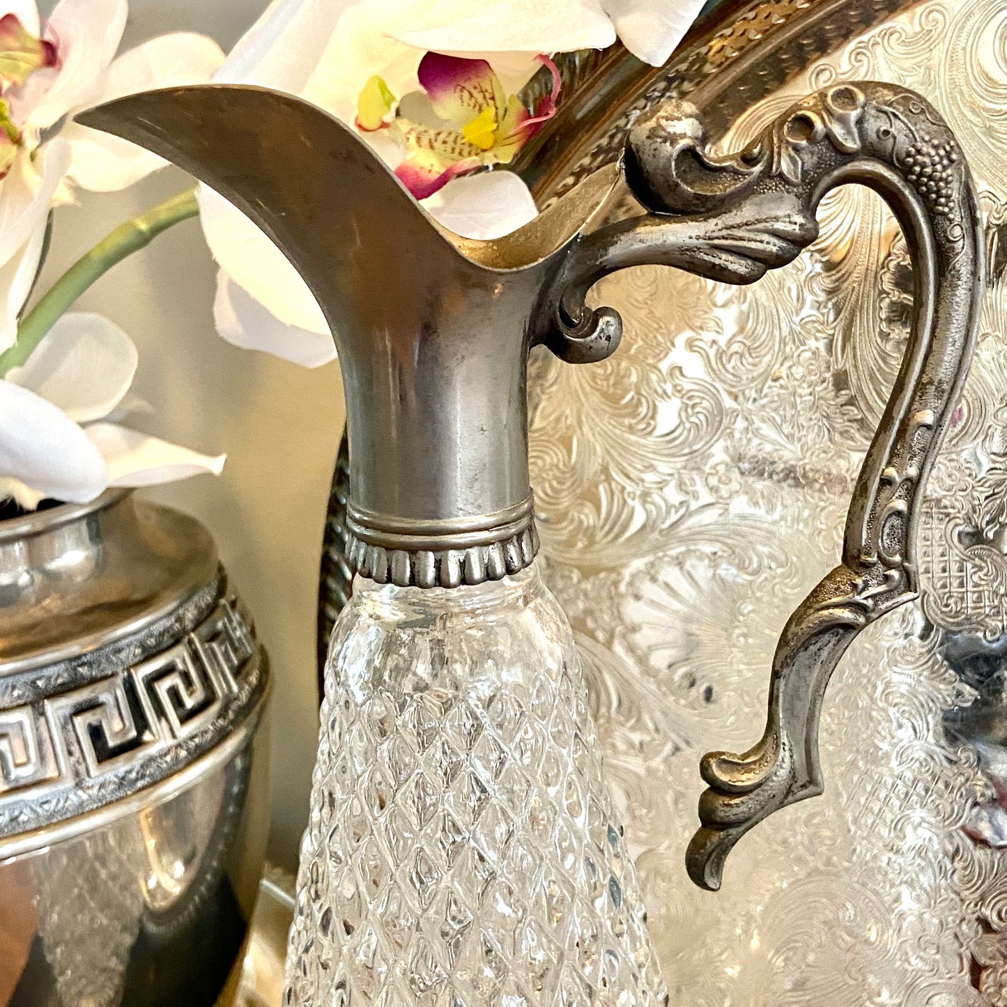 Vintage aged silver plate & crystal tall lidded pitcher.
