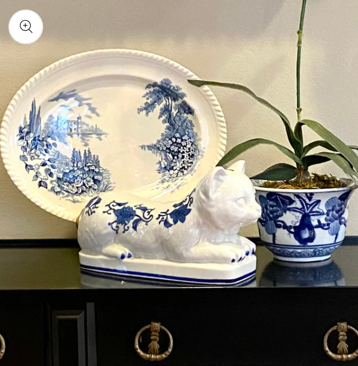 Vintage blue & white chinoiserie large kitty cat statue