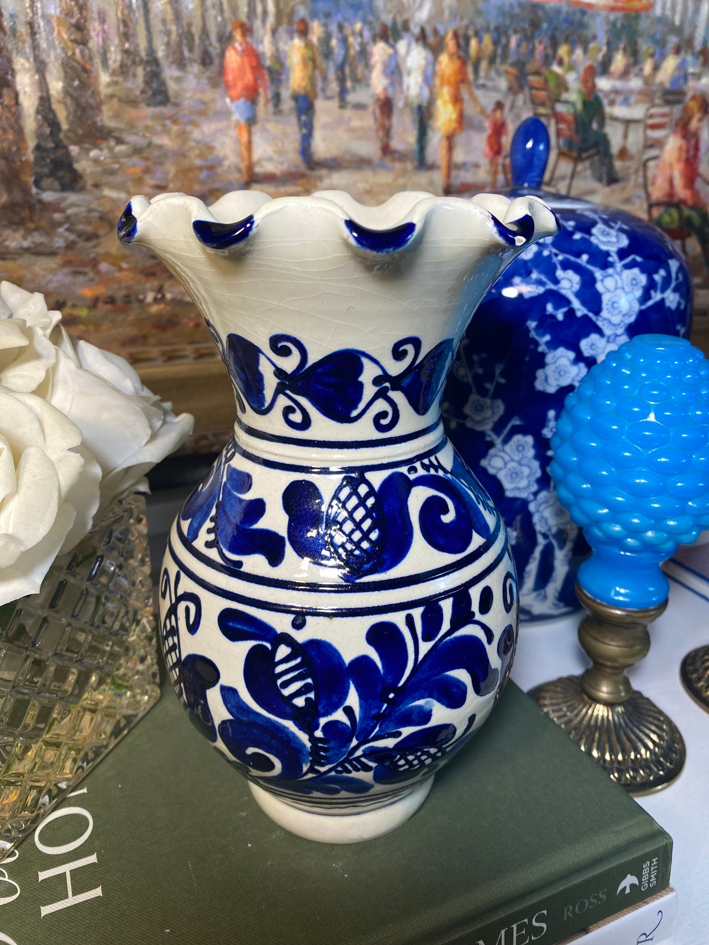 Mexican Pottery Blue & White Vase, 9" Tall - AS IS