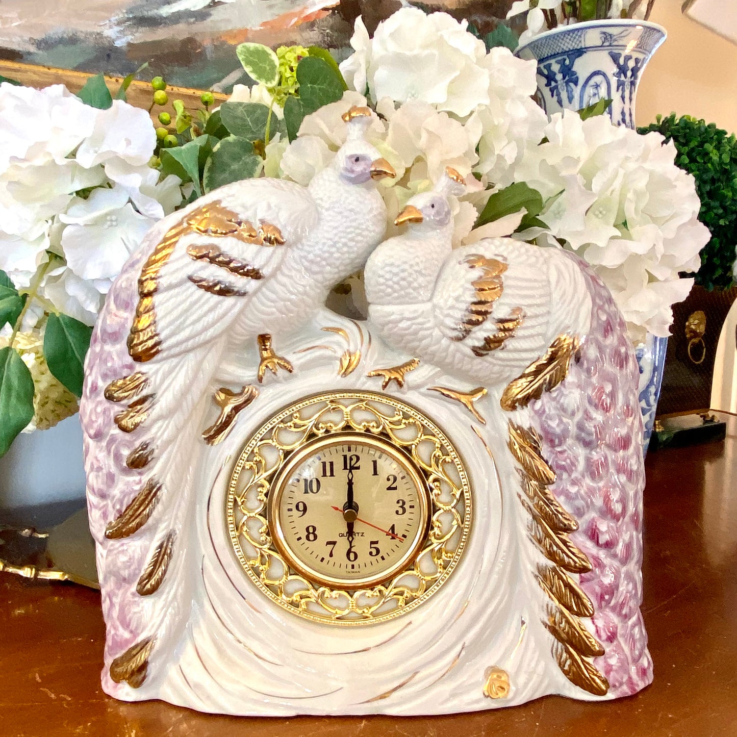 Vintage Hollywood regency porcelain mantle clock statue statement piece.