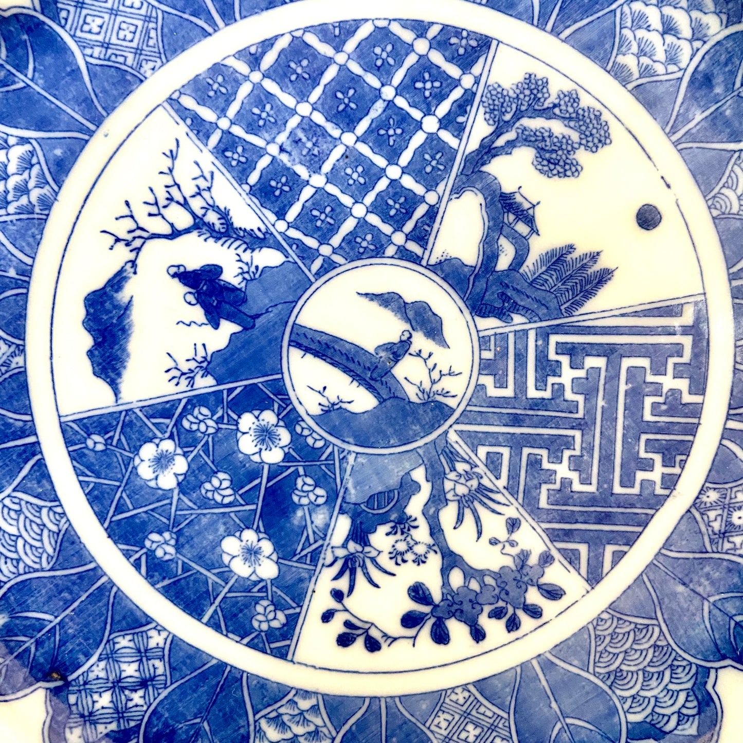 Stunning vintage stamped blue and white chinoiserie plate