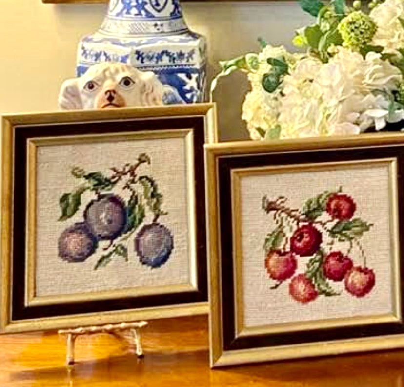 Set of four vintage fruit botanical needlepoint wall art