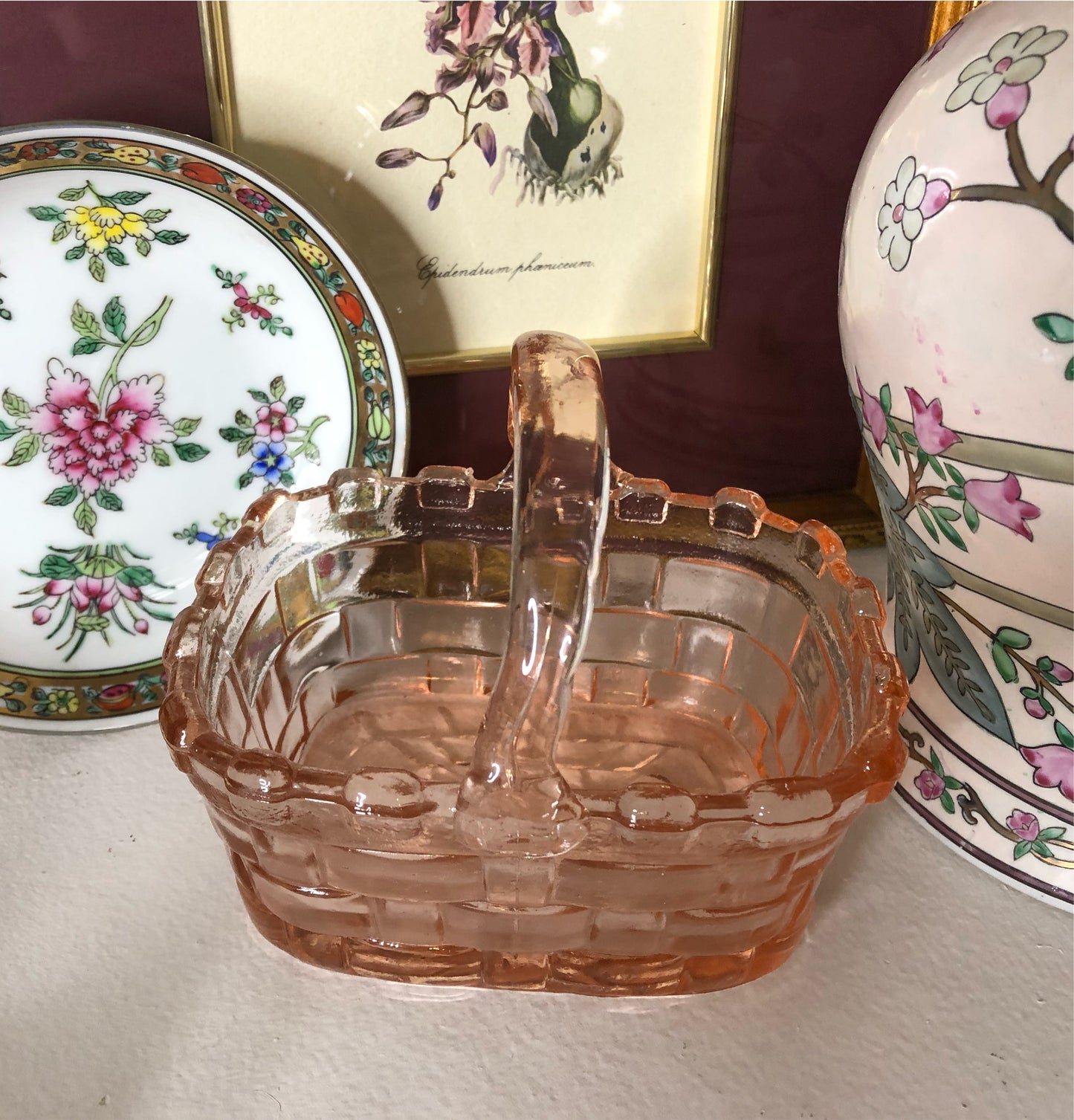 Vintage pink depression glass basket - Excellent condition!