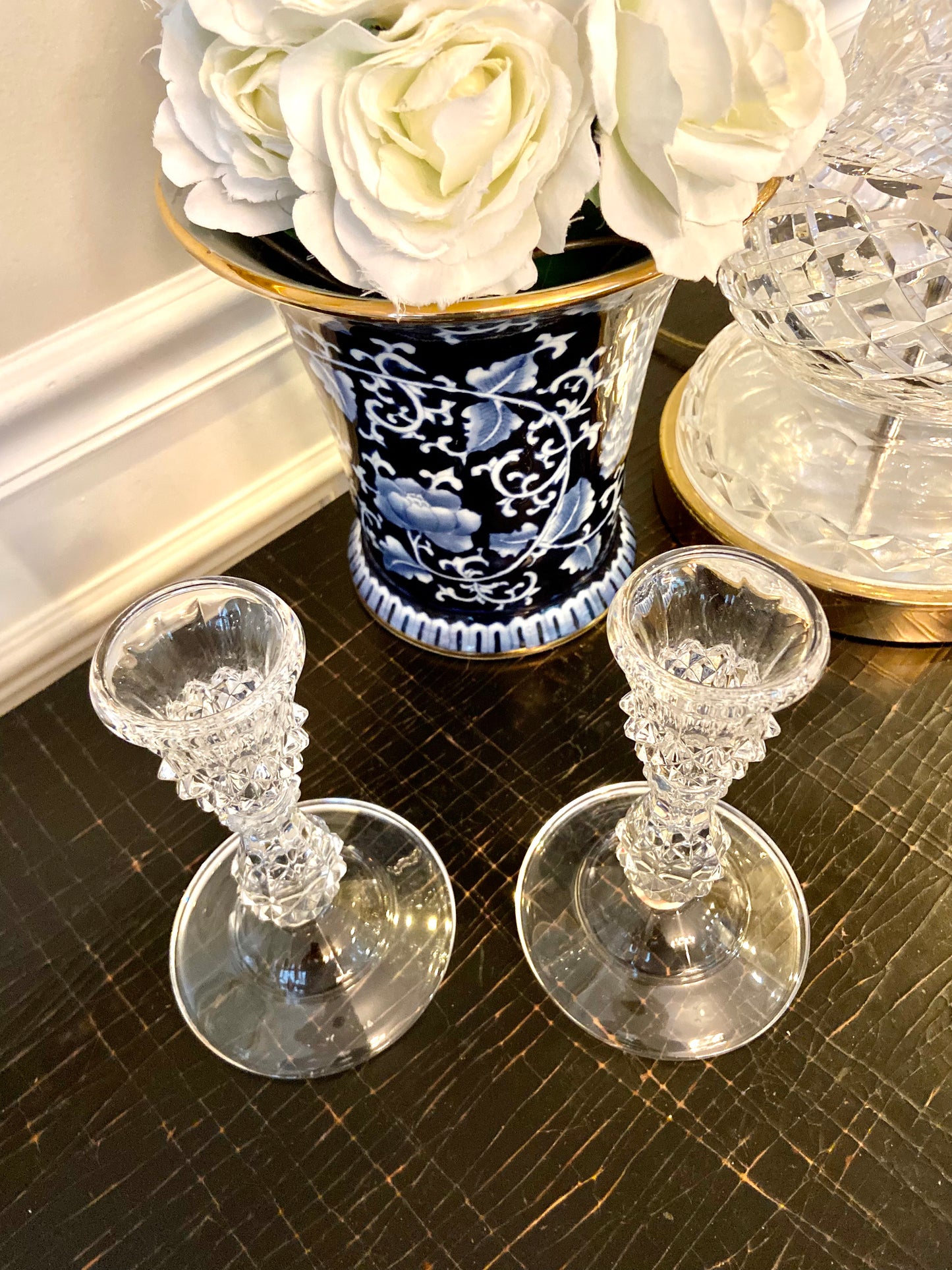 Stunning French designer vintage crystal candlestick holders.