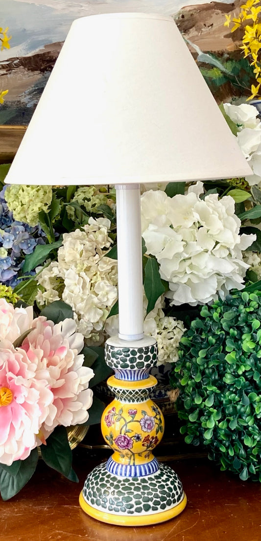 Charming vintage porcelain botanical candle stick lamp w original shade