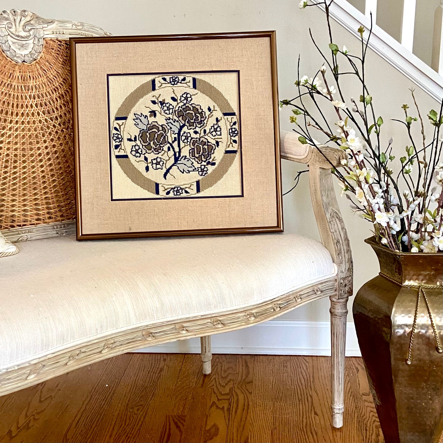 Gorgeous vintage blue and white chinoiserie needlepoint custom framed wall art