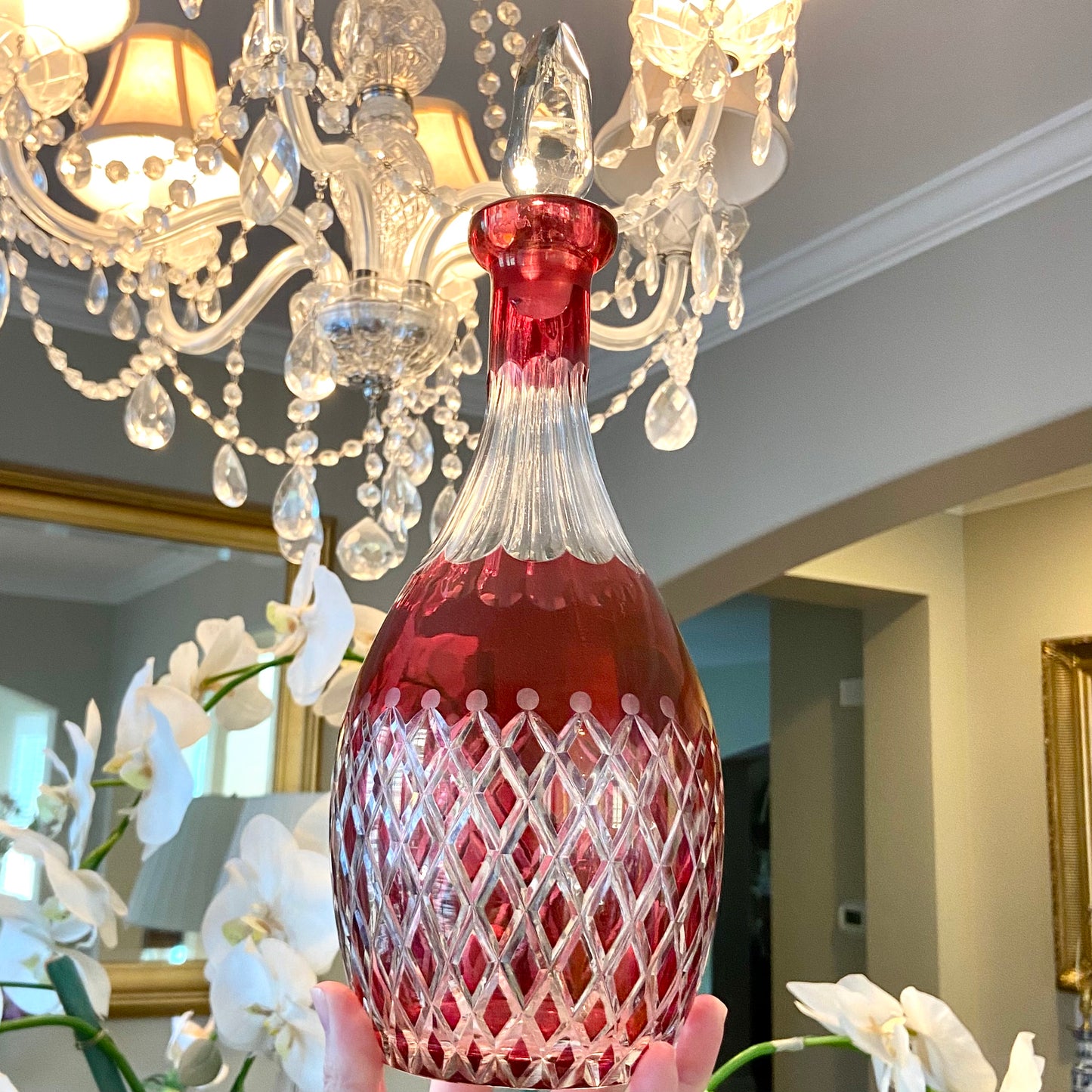 delightful vintage pink red cut crystal decanter