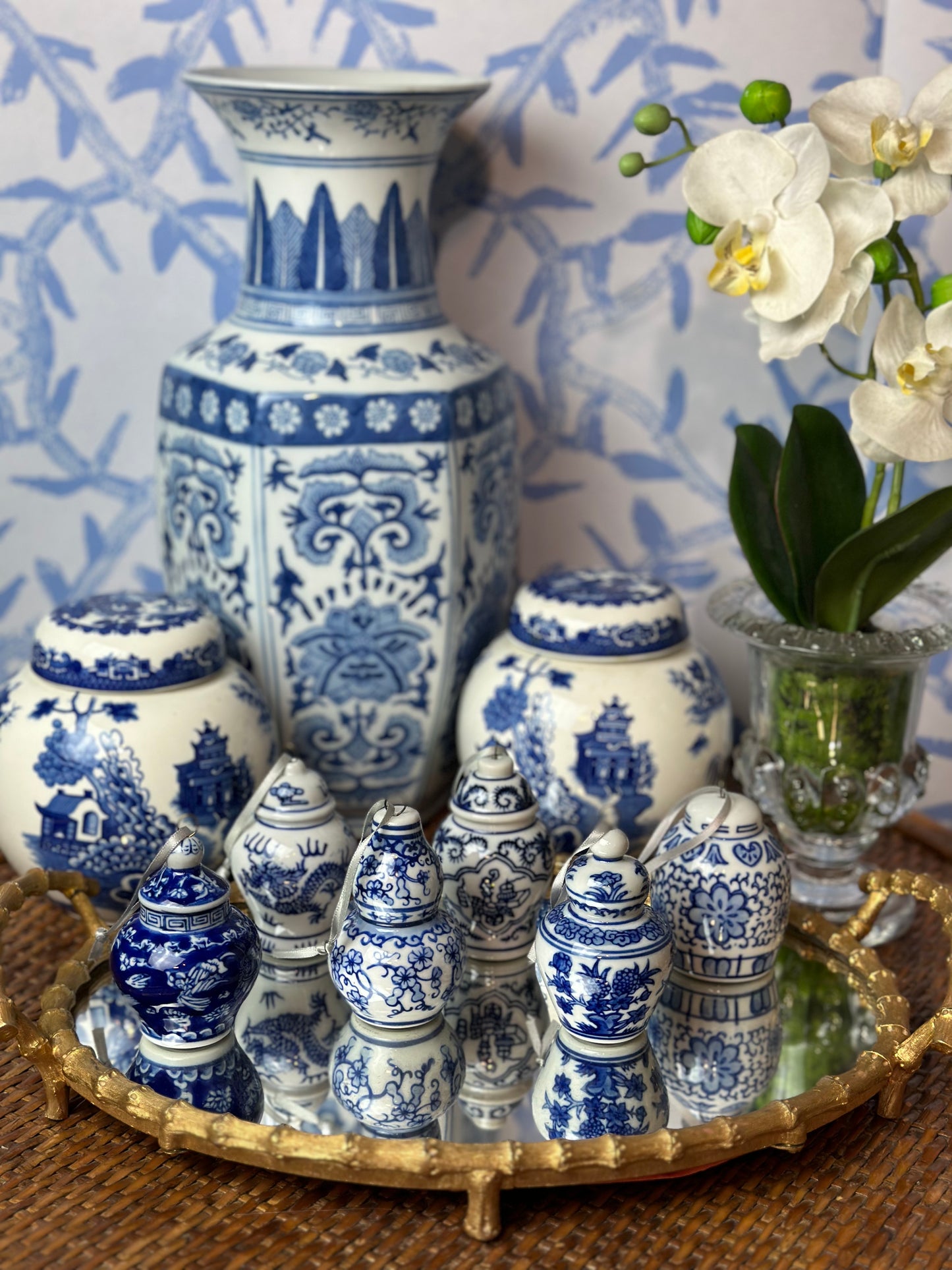 PRE-SALE, (6) Blue & White Chinoiserie Jars Porcelain Ornament Set, 3.5" Tall