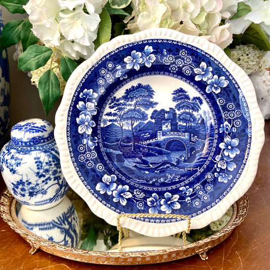 Rare Antique Copeland Spode Of England cobalt blue & white Scalloped Edge round serving bowl