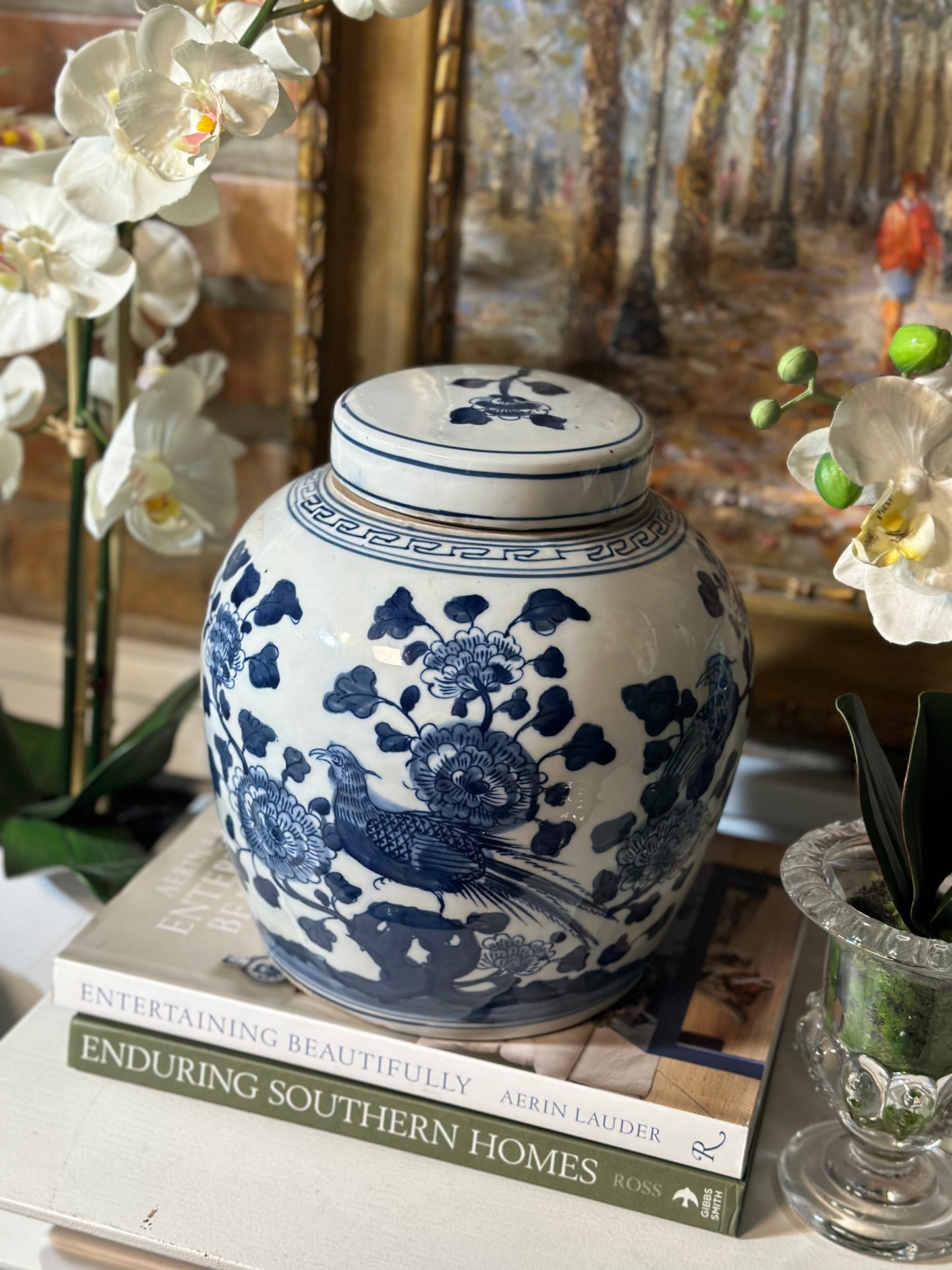 NEW - Blue & White 10" Tall, Handpainted Ginger Jar