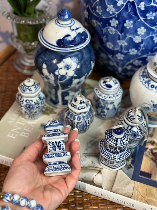 PRE-SALE, (6) Blue & White Chinoiserie Pagoda Porcelain Ornament Set, 3.5" Tall