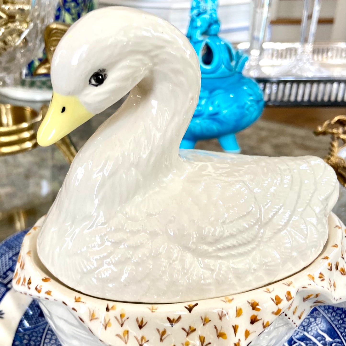 Vintage porcelain goose lidded dish figurine