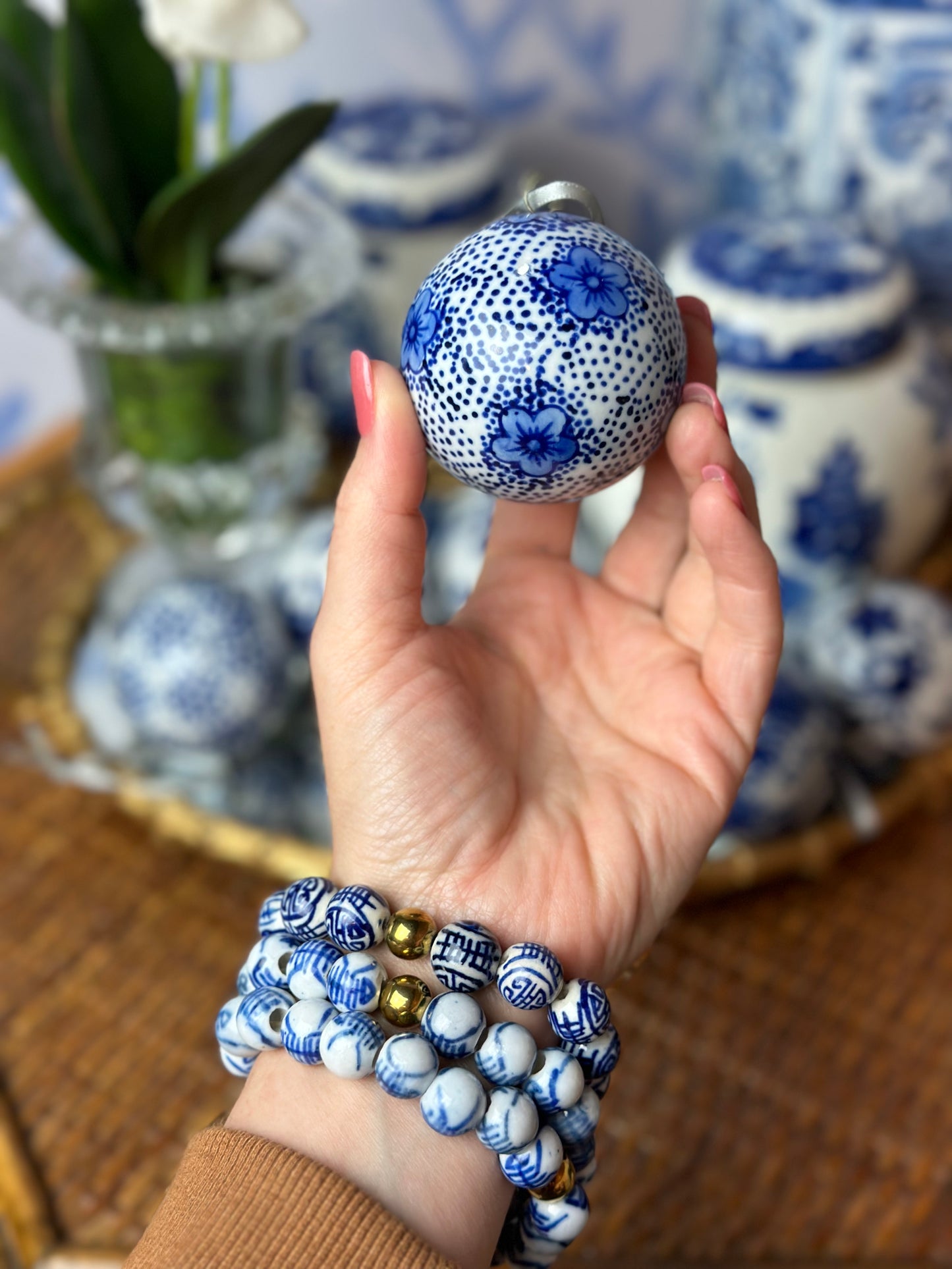 PRE SALE - Set (6) Blue & White Chinoiserie Porcelain Ornaments, 2.5" Wide