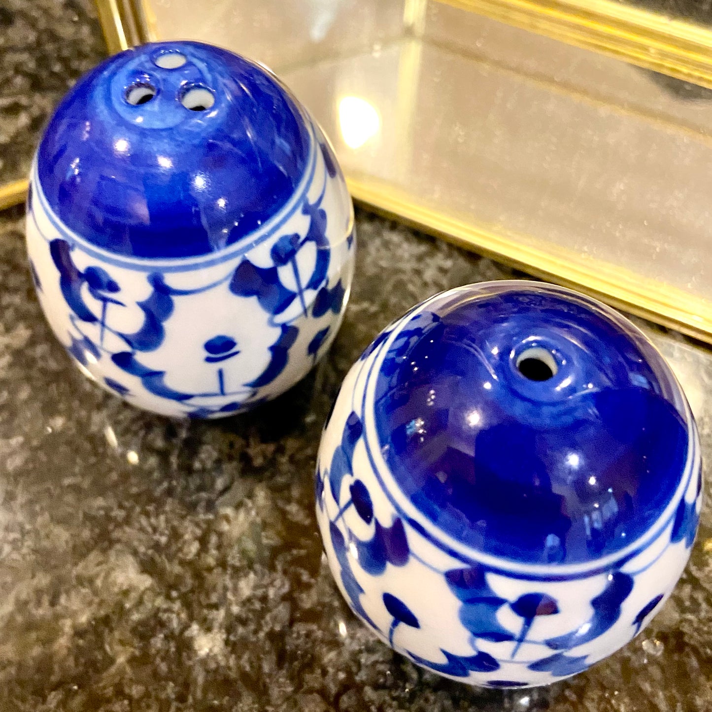 Charming pair of vintage blue and white salt & pepper shakers