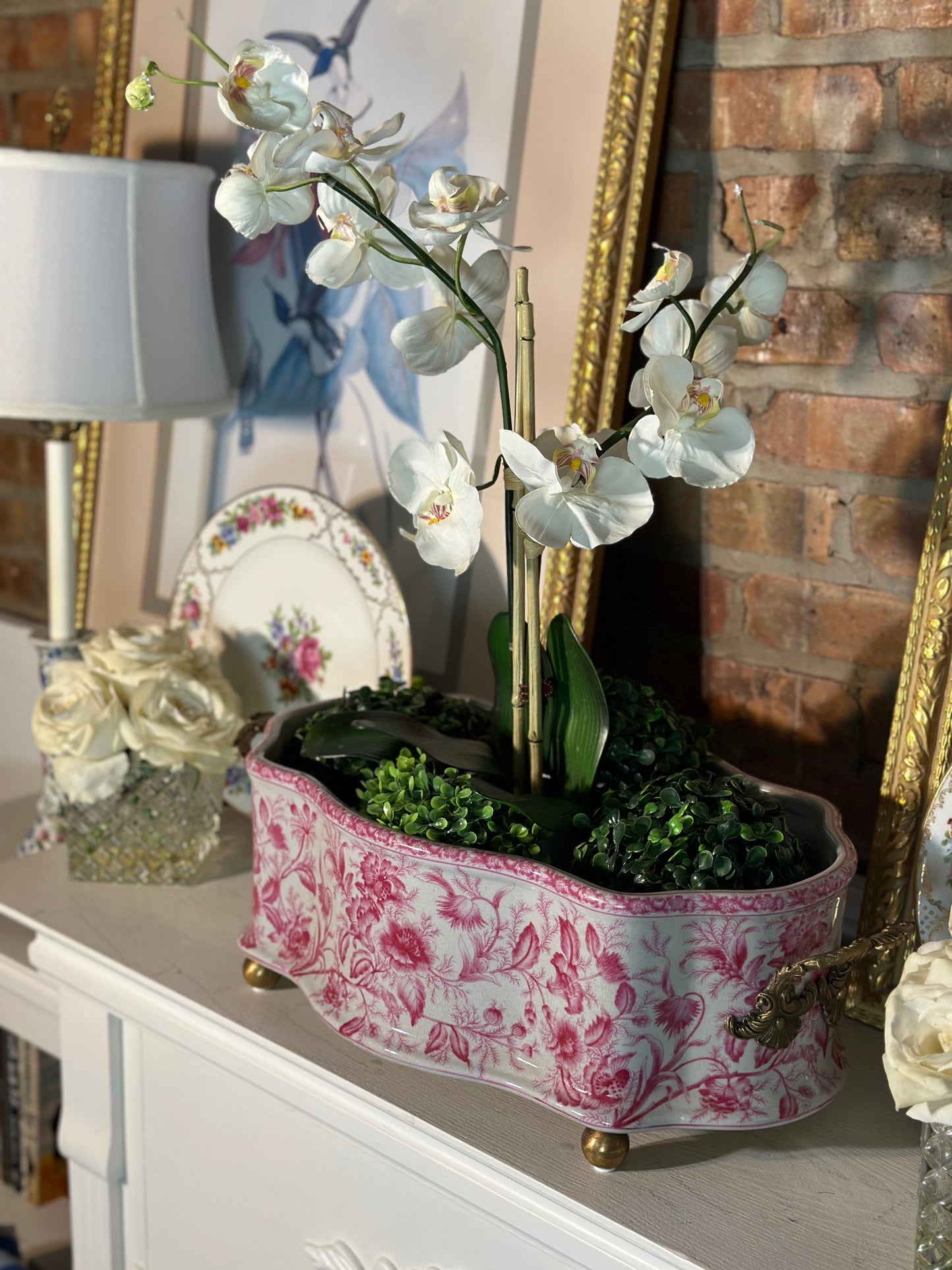 STUNNING- Pink & White Porcelain "Primrose" Basin/Planter, Bronze Detailing, 22x11"