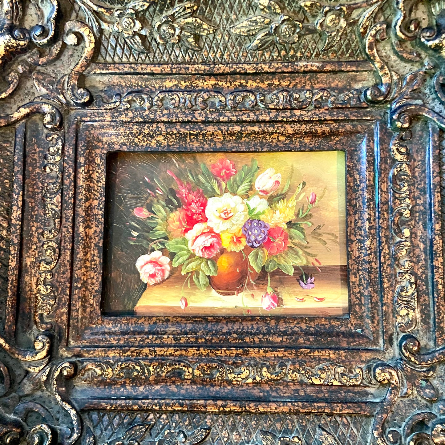 Stunning vintage botanical still life painting on wood in baroque frame wall art