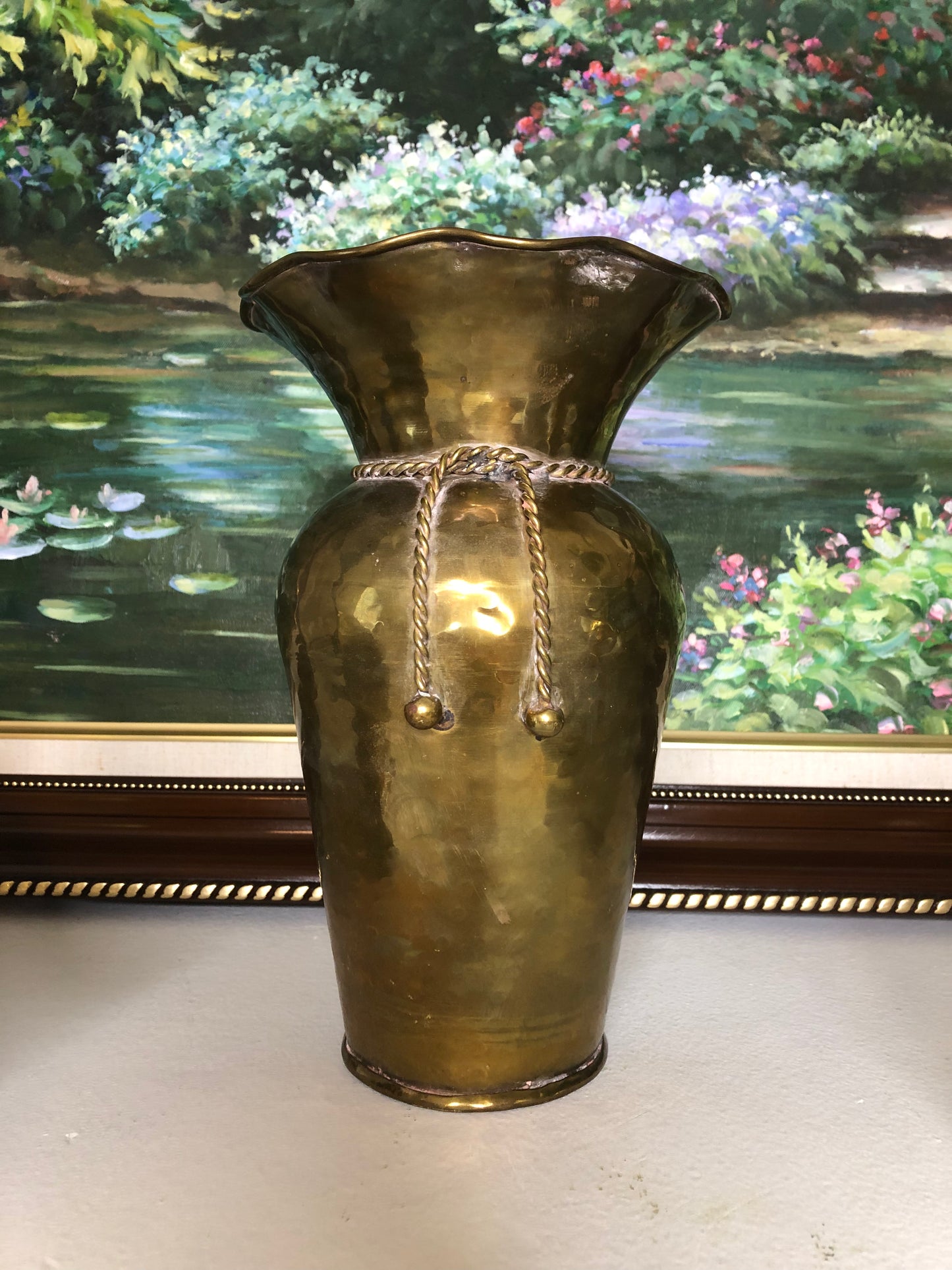 Vintage Hammered Brass Vase with Rope Detail and slight patina Vinta