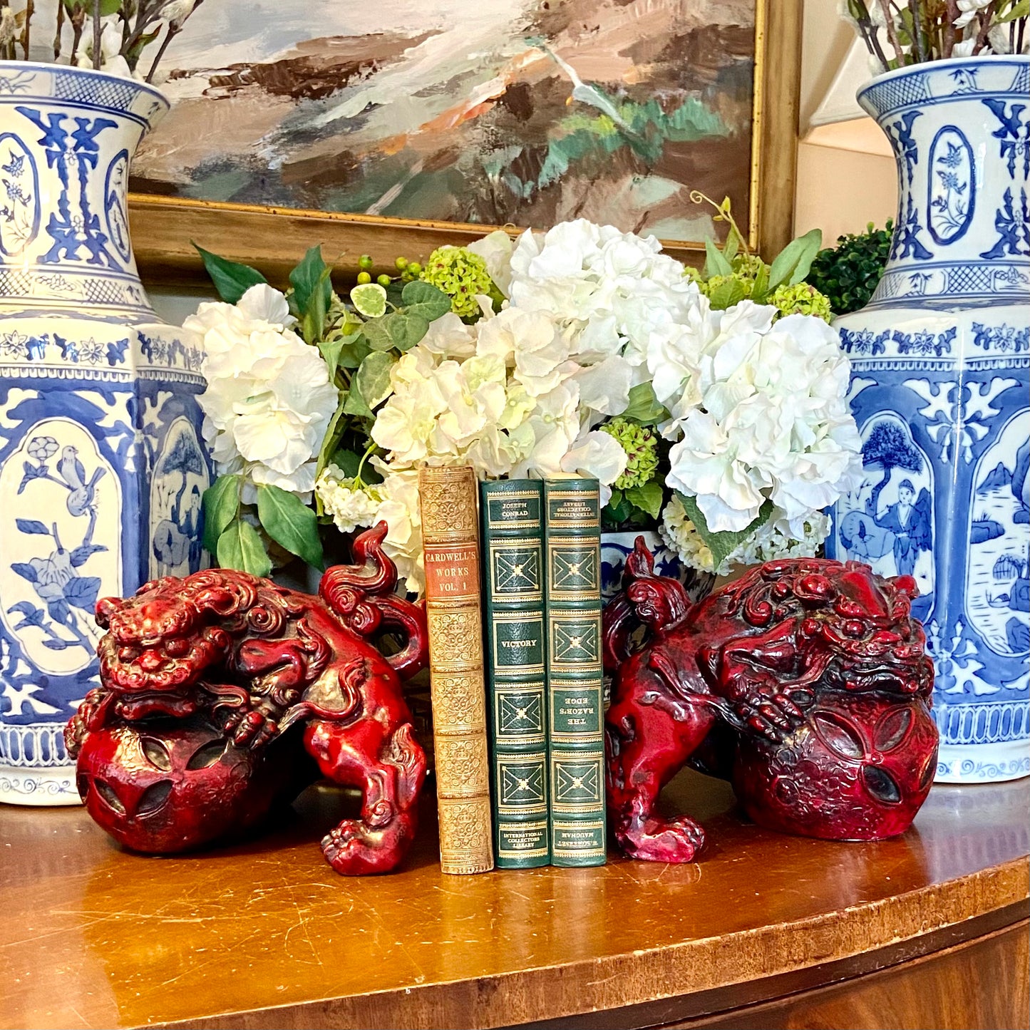 Incredible set antique carved chinoiserie robust red Foo dog statue bookends.