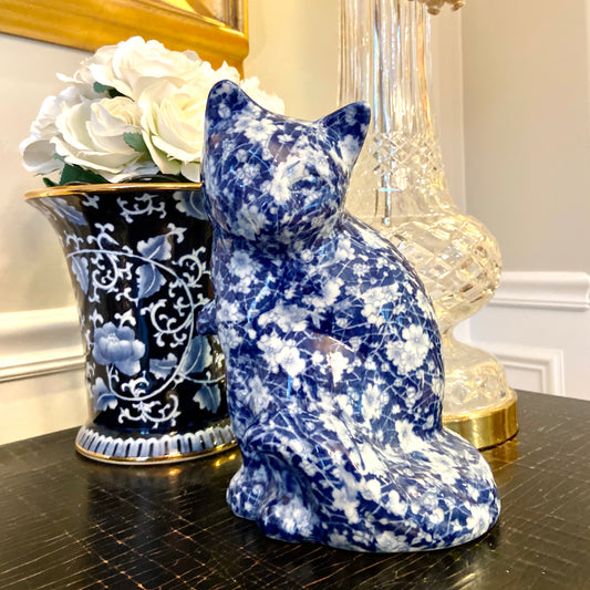 Vintage blue & white calico  chinoiserie large standing up kitty cat statue