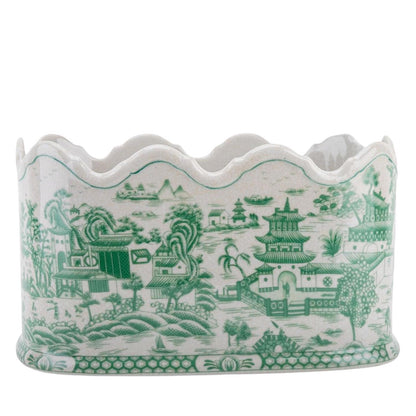 Danny's Fine Porcelain - Green & White Porcelain Pagoda Scalloped Basin, 12x8x7 - Pristine!