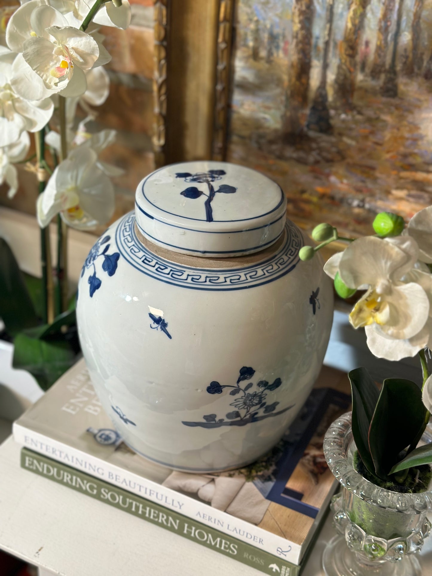NEW - Blue & White 10" Tall, Handpainted Ginger Jar