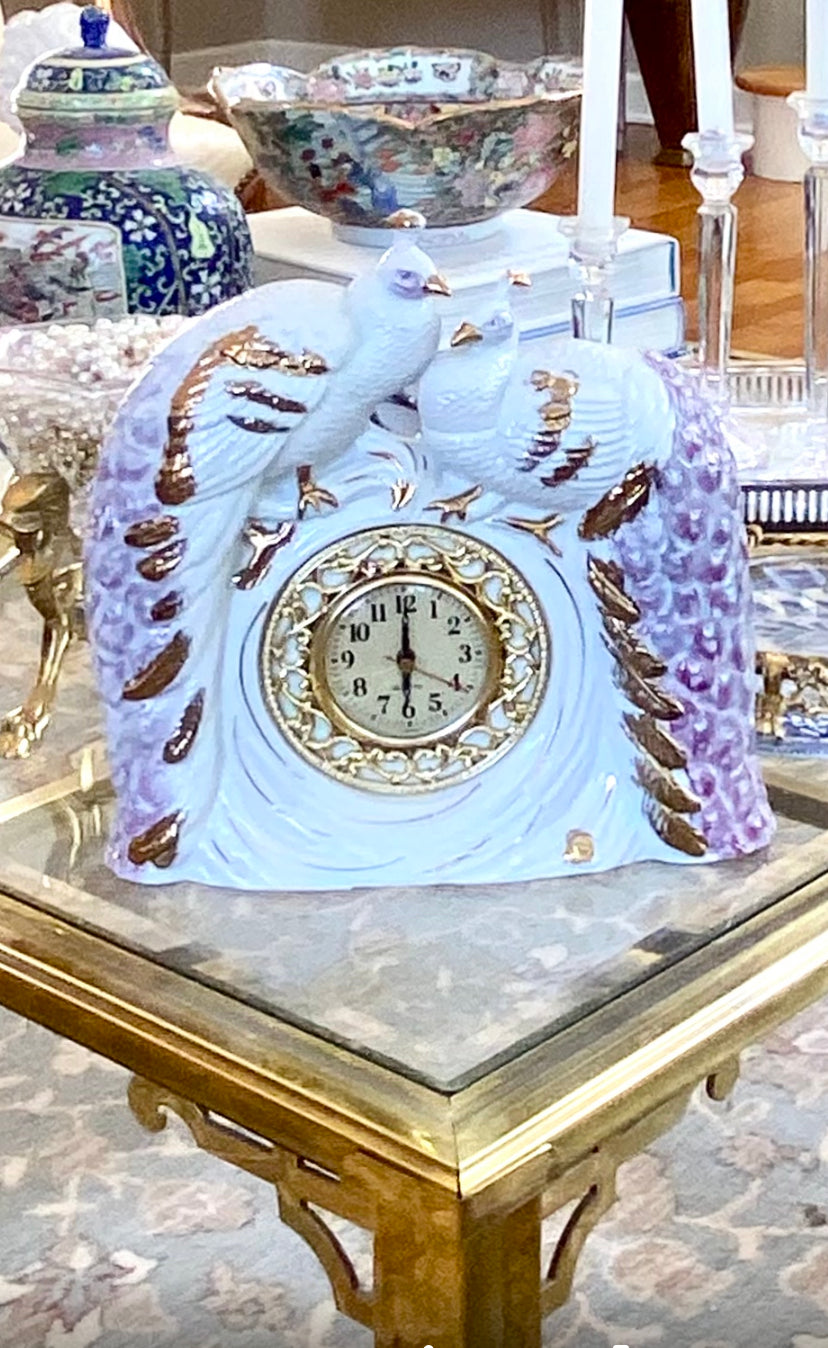 Vintage Hollywood regency porcelain mantle clock statue statement piece.