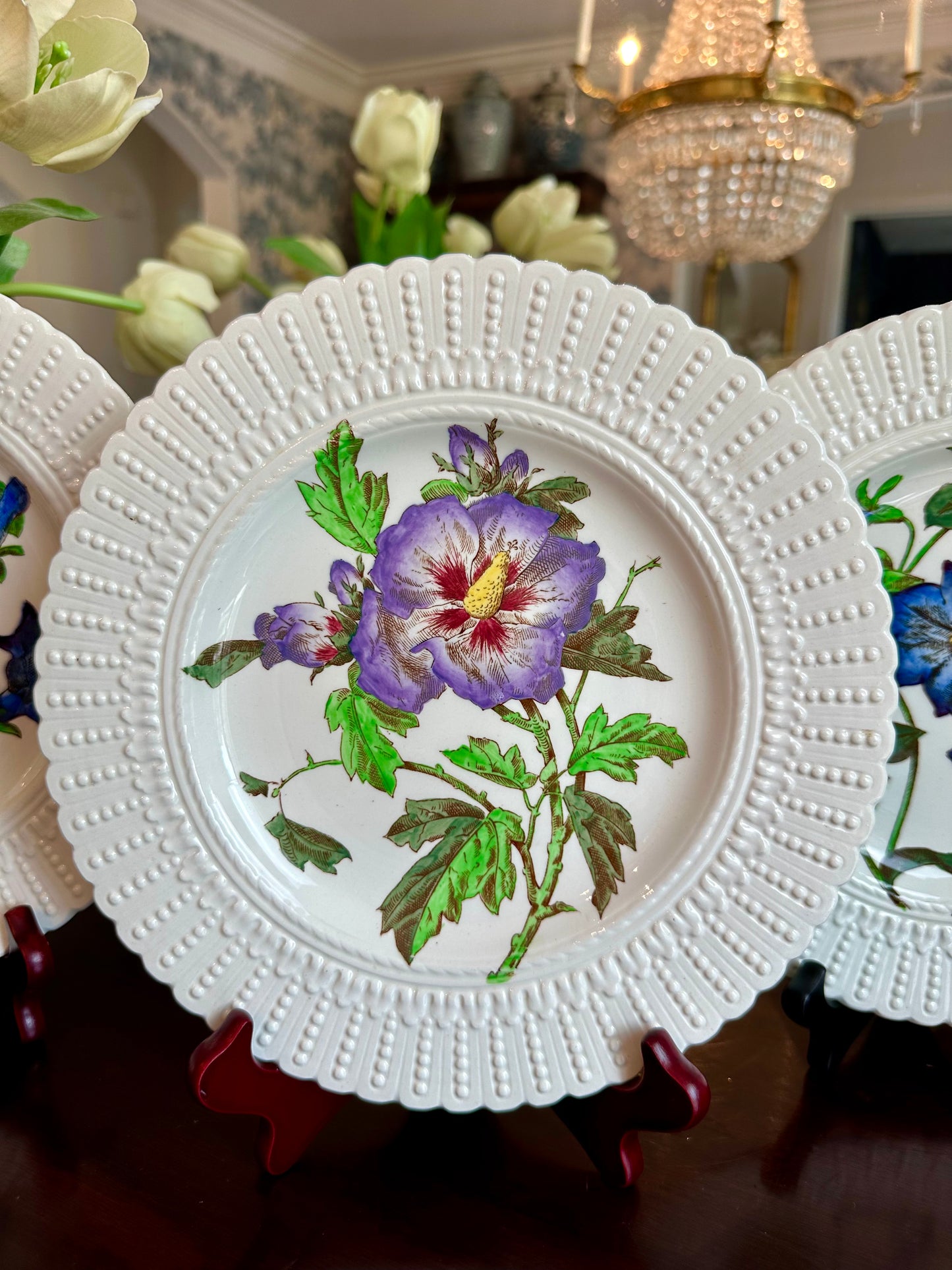 Prettiest Set of 3 English Cauldron Floral Plates w Beaded Border