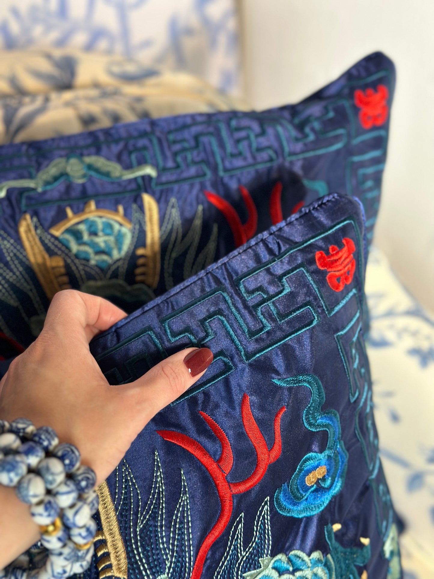 NEW - Cobalt & Red, 20x20" Silk Dragon, Embroidered Pillow W/ Insert