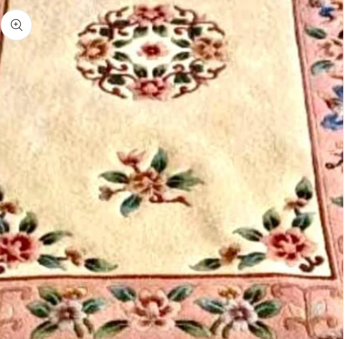 Vintage chinoiserie wool fretwork floral rug.
