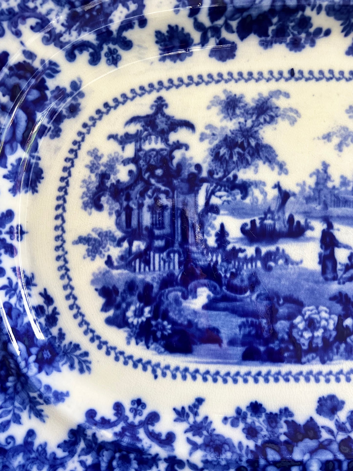 Antique Flow Blue “Fairy Villas” Platter by W. Adams, 17.25” x 14.5”