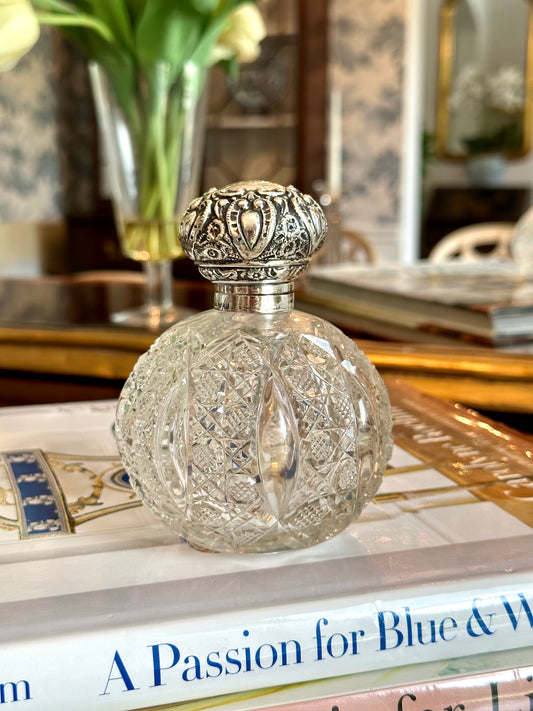 Stunning Antique Sterling & Crystal Perfume Bottle with Dauber