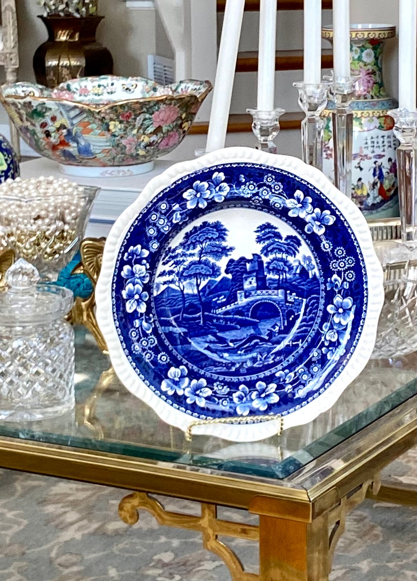 Rare Antique Copeland Spode Of England cobalt blue & white Scalloped Edge round serving bowl
