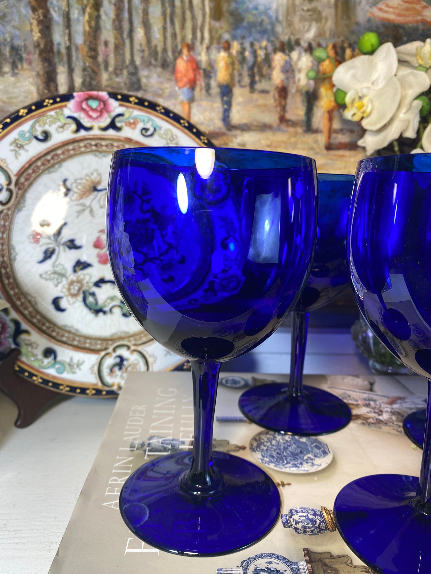 Vintage Set (4) Cobalt Blue Red Wine Glasses - Pristine!
