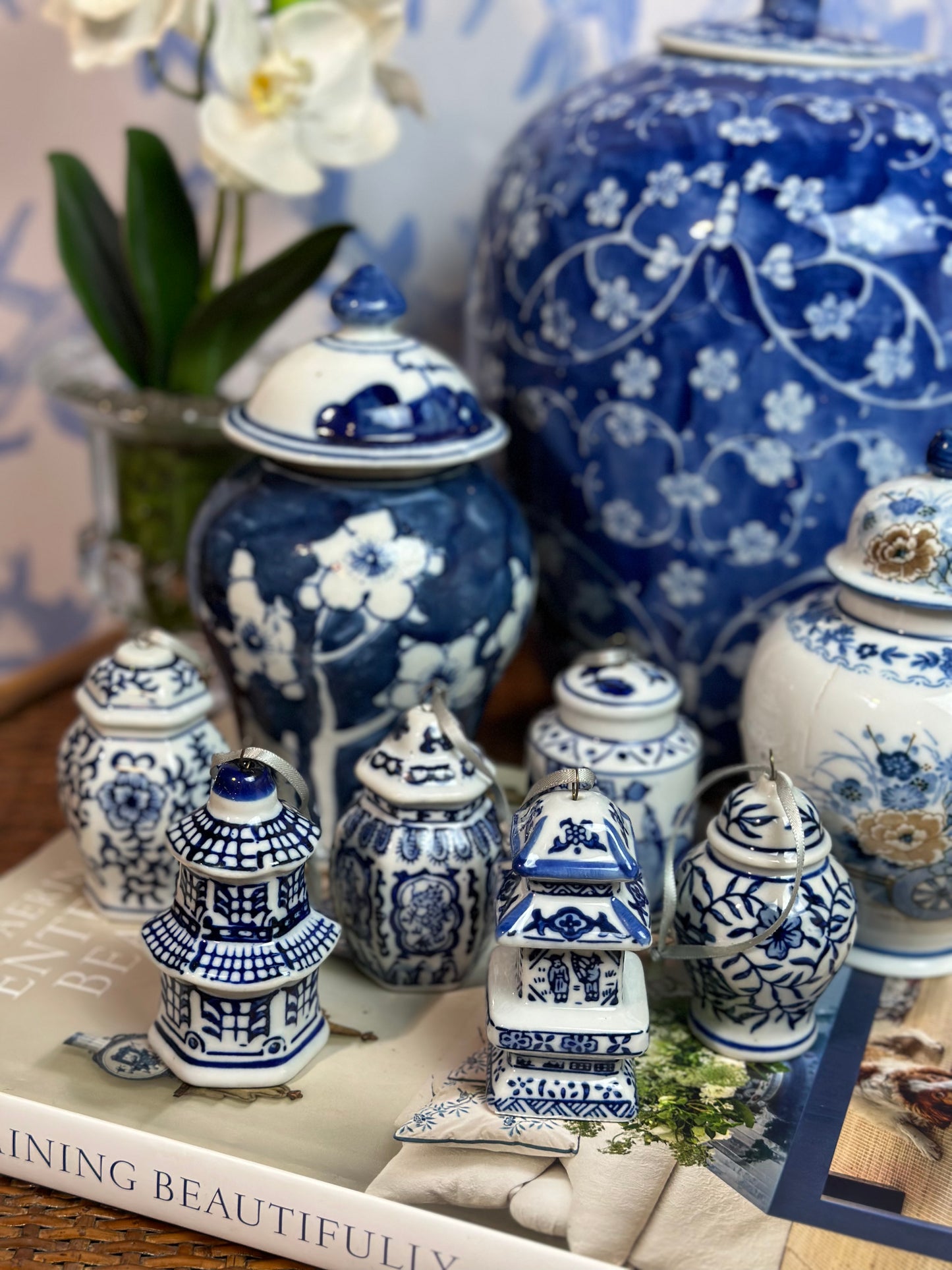 Set (6) Blue & White Chinoiserie Pagoda Porcelain Ornament Set, 3.5" Tall