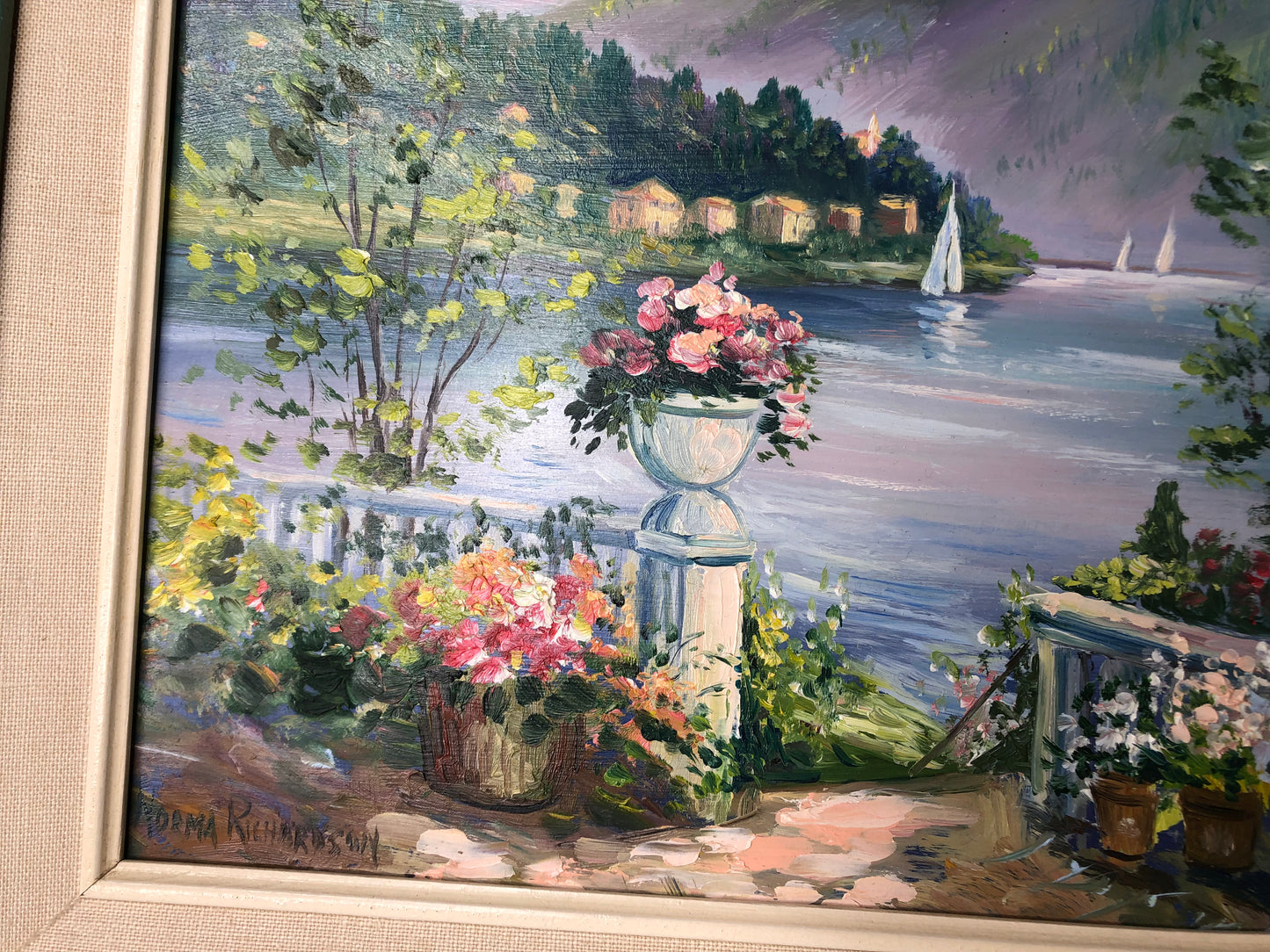 Gorgeous Original Oil on Board Painting of lakeside terrace with flowers signed by artist - Excellent condition!