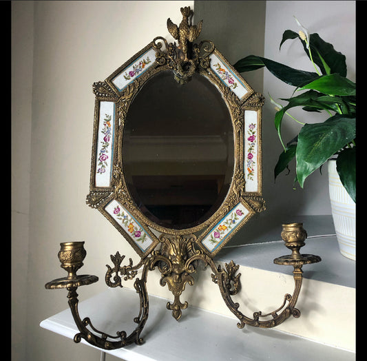 Vintage Ornate Art Nouveau Mirror with sconces, detailed art - Excellent condition!