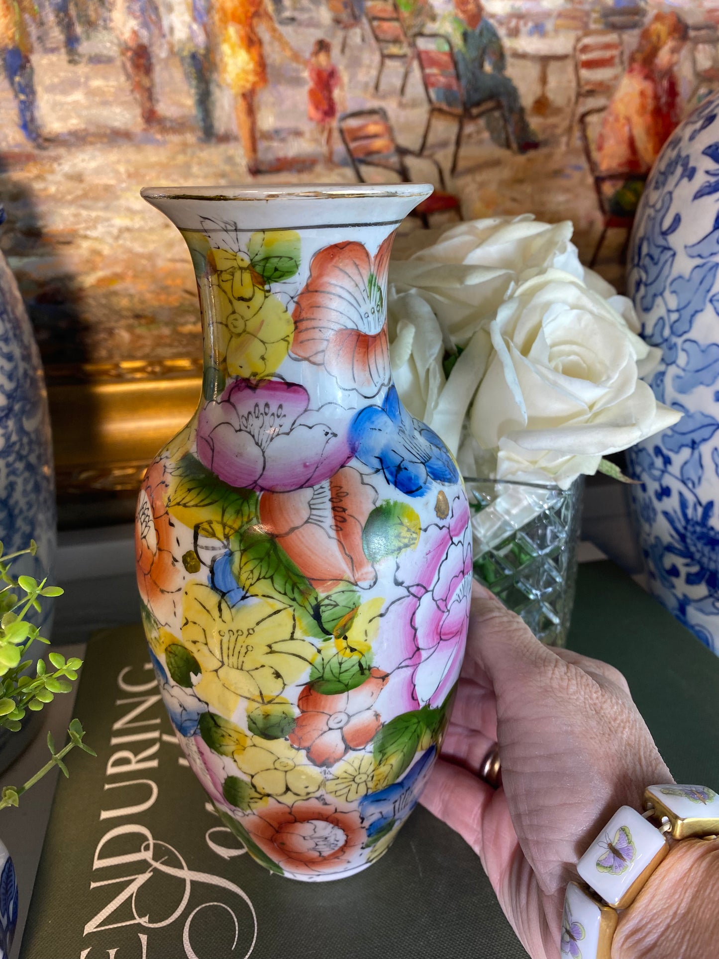 Vintage Chinese Porcelain Floral Vase, 8.25" Tall - Pristine!