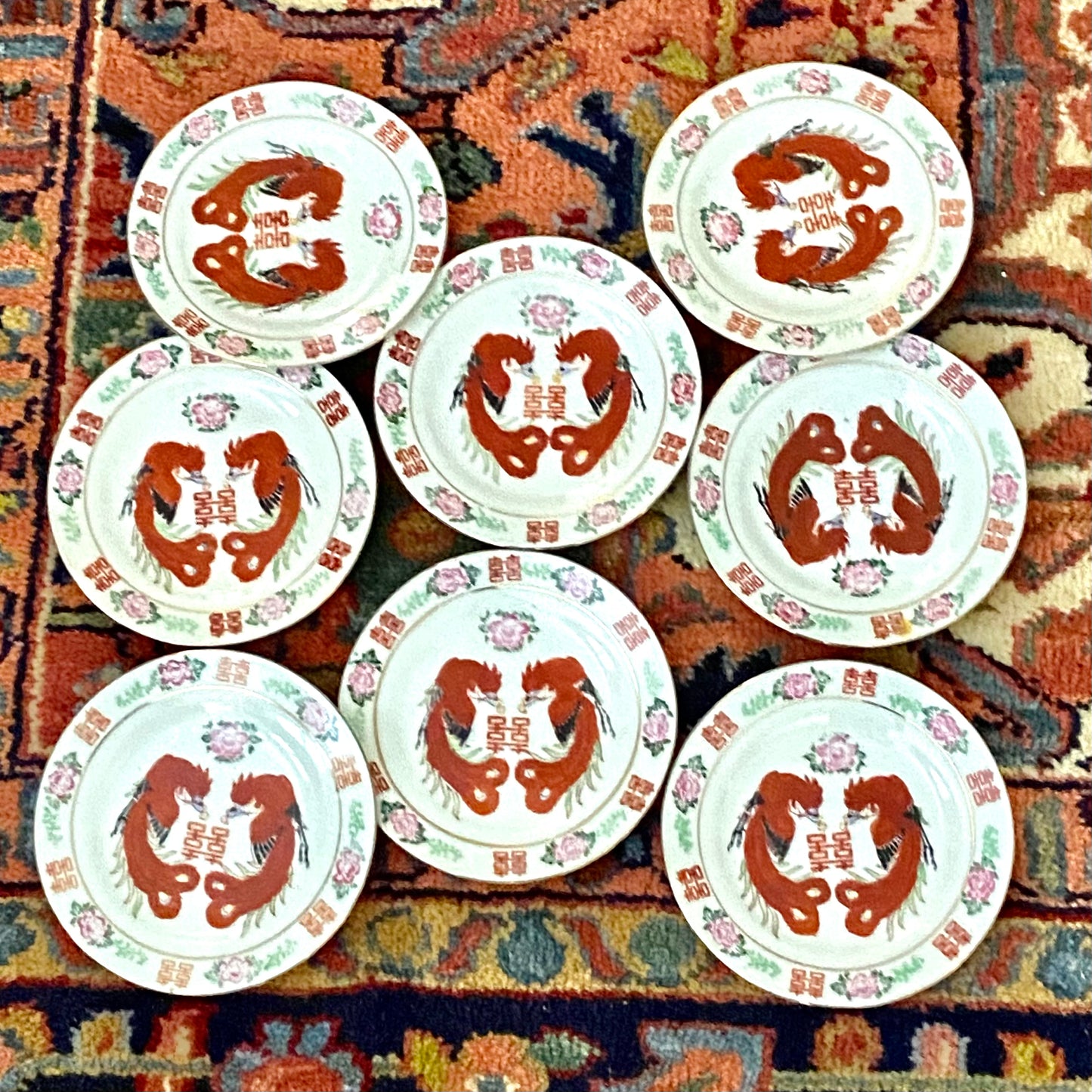 Set of 8 vintage porcelain rose canton chinoiserie designer sauce  plates or butter pats