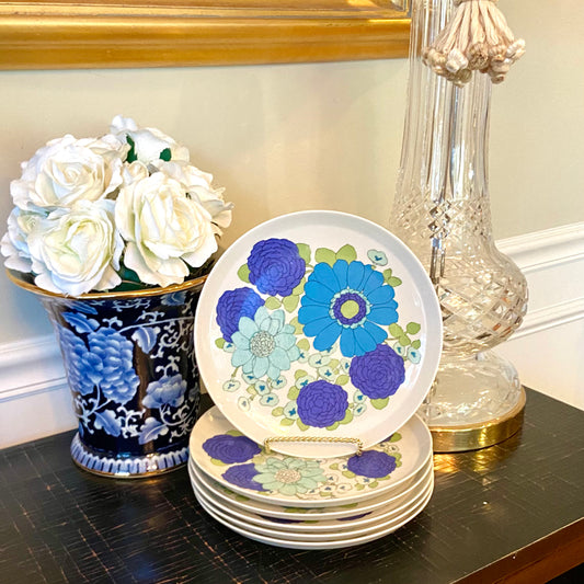Set of 6 vintage designer blue & white floral plates by Interlaken Of France