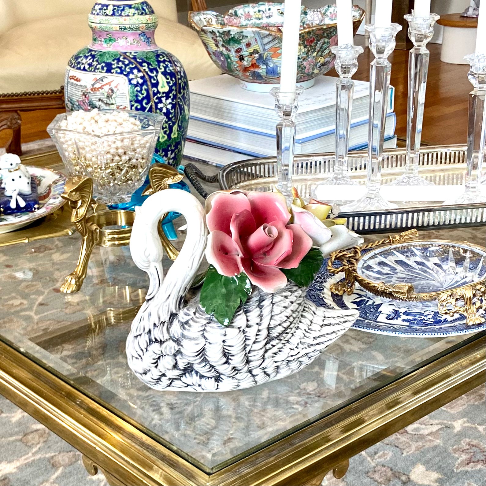 Gorgeous vintage porcelain Capodimonte Swan floral decor