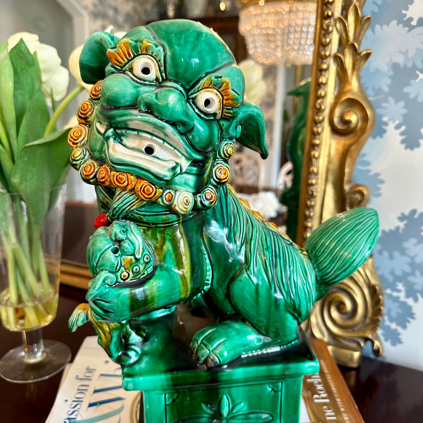 Fabulous Large Vintage Chinese Green Glazed Foo Dog w Pup